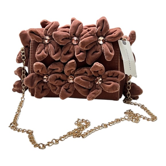 By Anthropologie Handbags - By Anthropologie 3D Floral Velvet Pink Rose Embellished Crossbody Bag - NWT